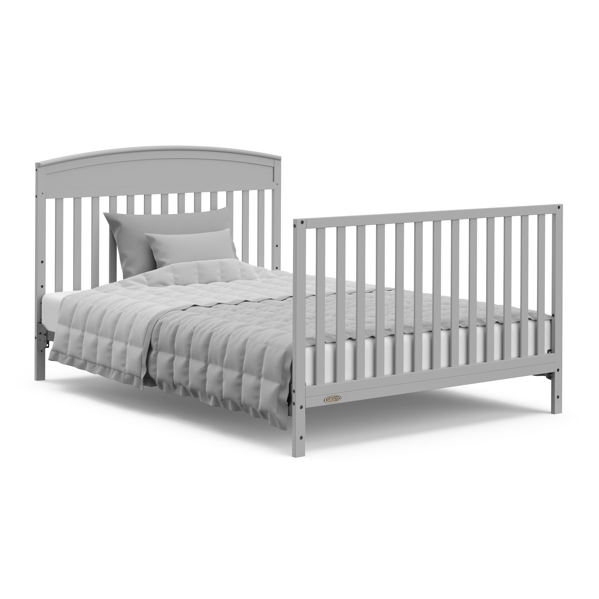 Pebble gray crib with drawer in full-size bed with headboard and footboard conversion