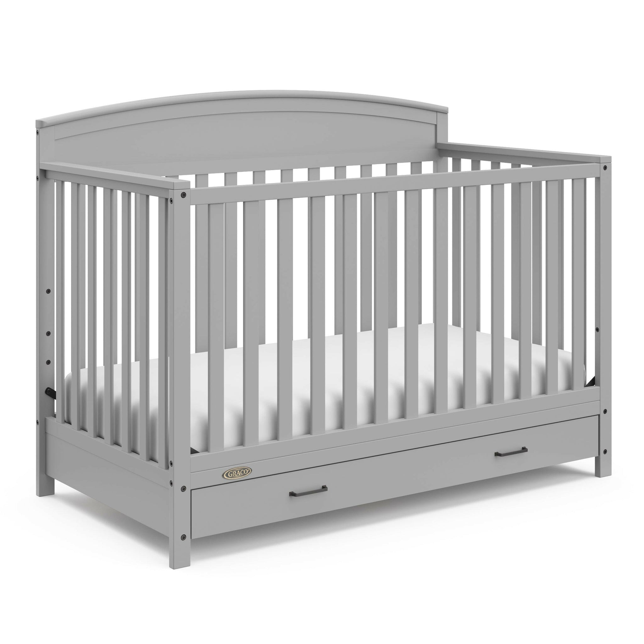 Pebble gray crib with drawer angled