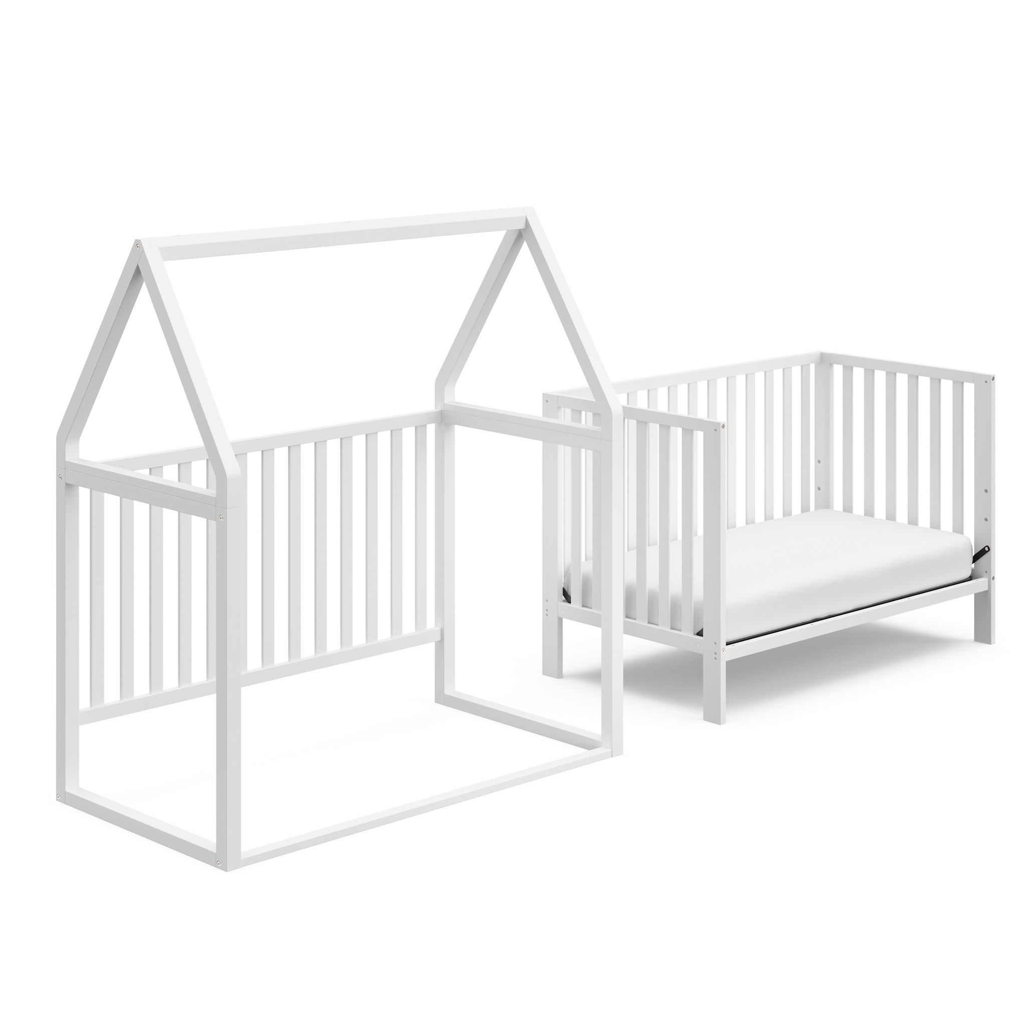White crib with playhouse and crib conversion