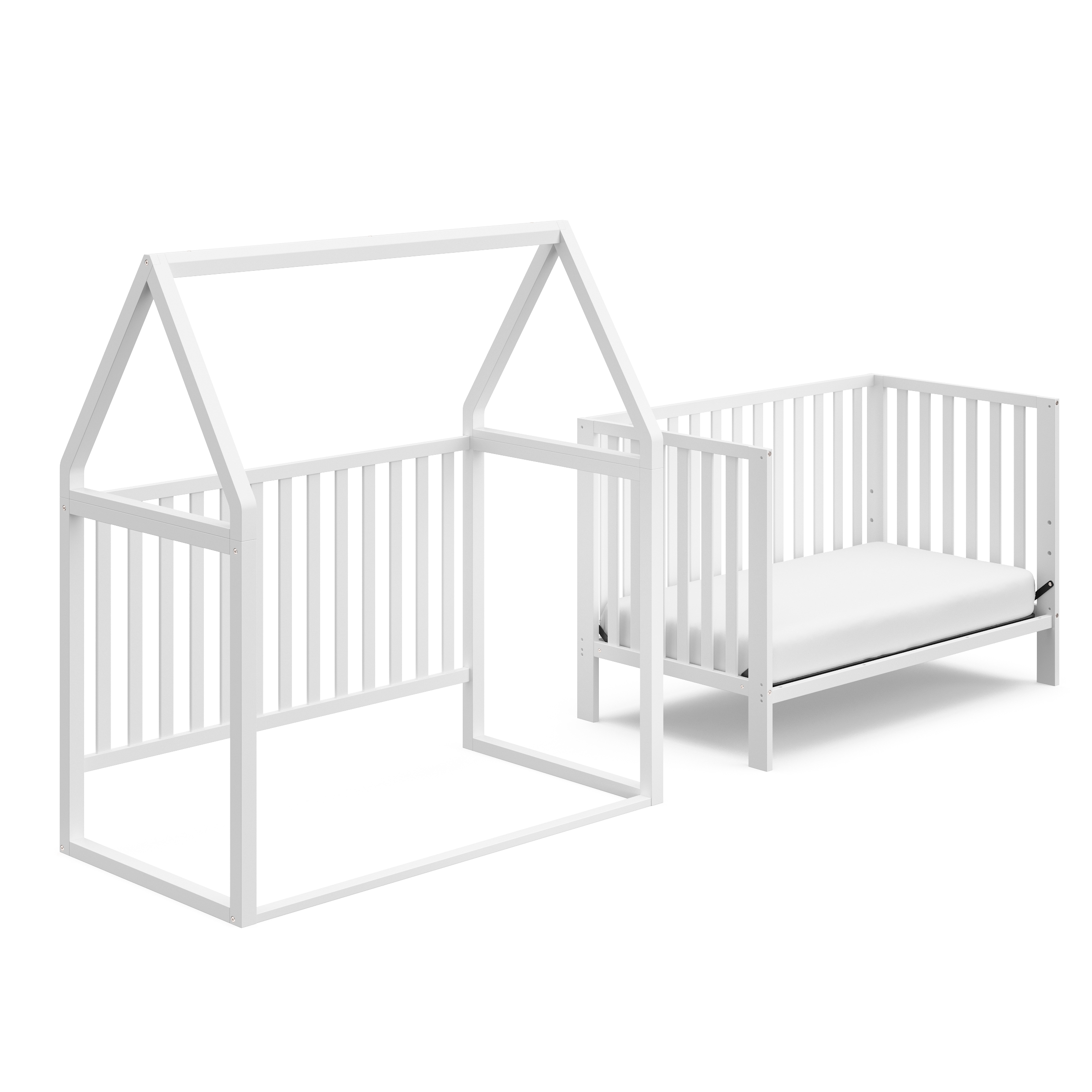 White crib with playhouse and crib conversion
