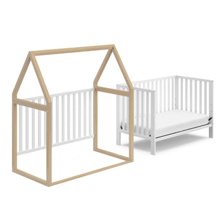 White crib with driftwood in playhouse and toddler bed conversion 