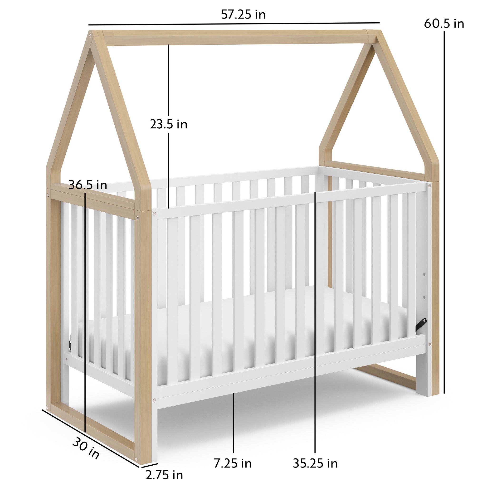 White crib with driftwood with dimensions graphic  angled