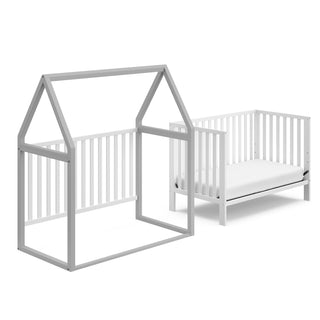 White crib with driftwood in playhouse  and crib conversion 