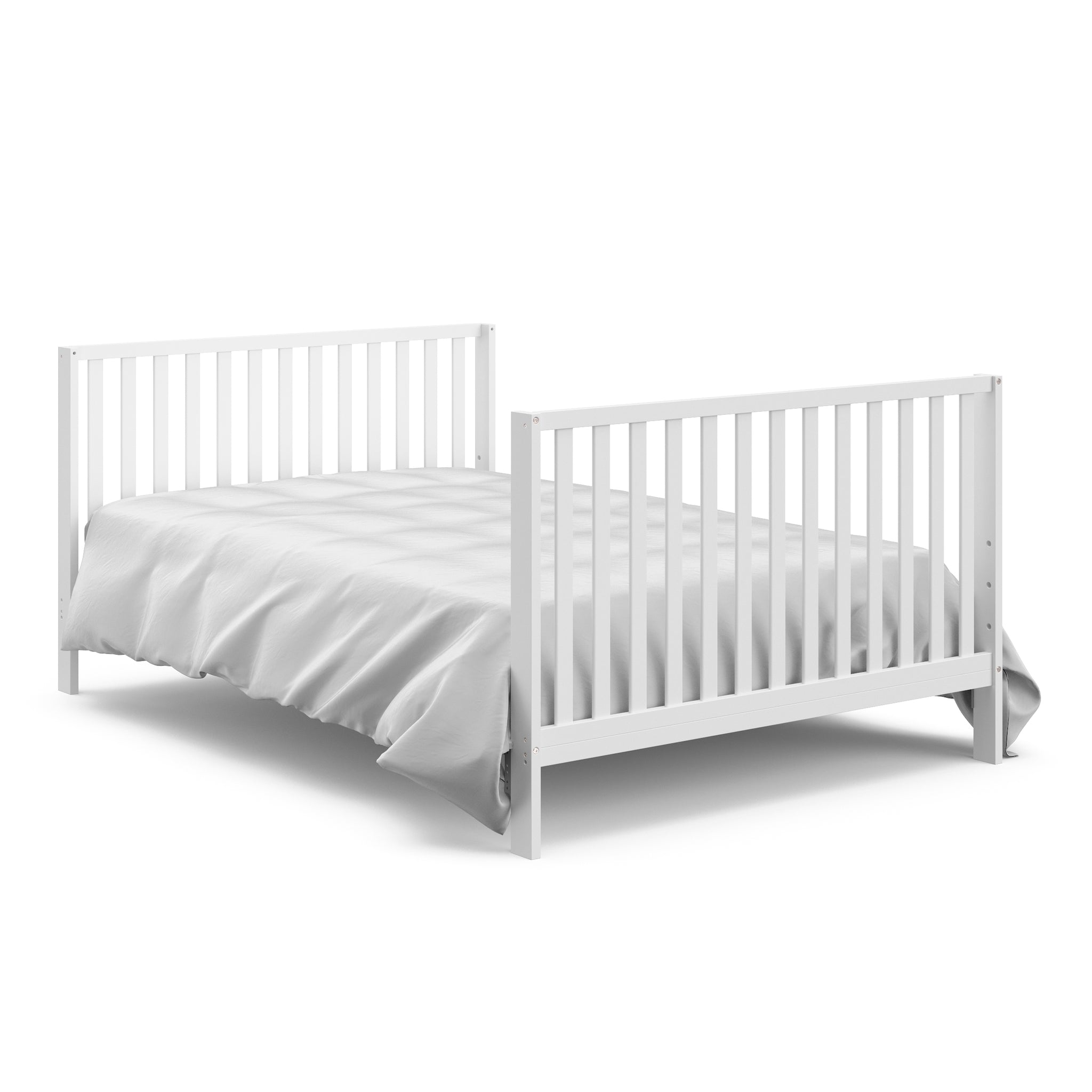 White crib with pebble gray in full-size bed with headboard conversion 