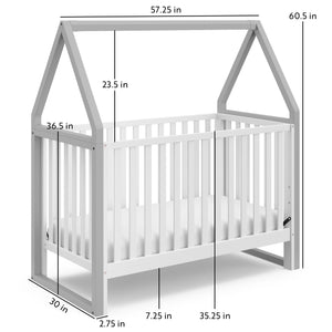 White crib with pebble gray with dimensions graphic 