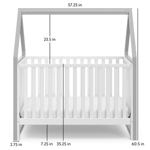 White crib with pebble gray with dimensions graphic 