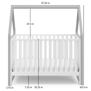 White crib with pebble gray with dimensions graphic 