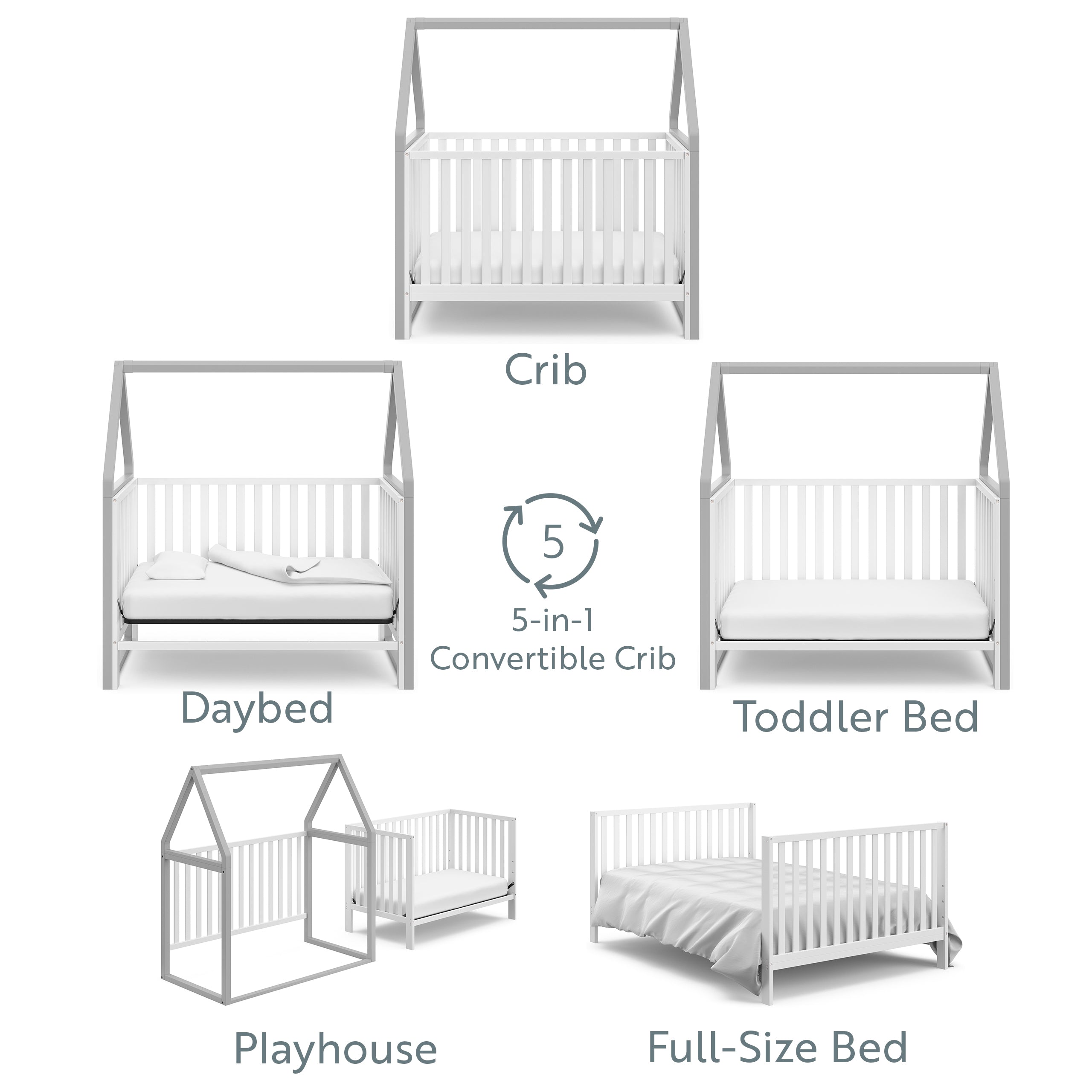 White crib with pebble gray with conversion graphic 
