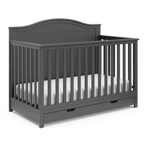 gray crib with drawer angled