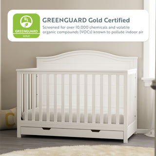 GREENGUARD Gold Certified white crib with drawer