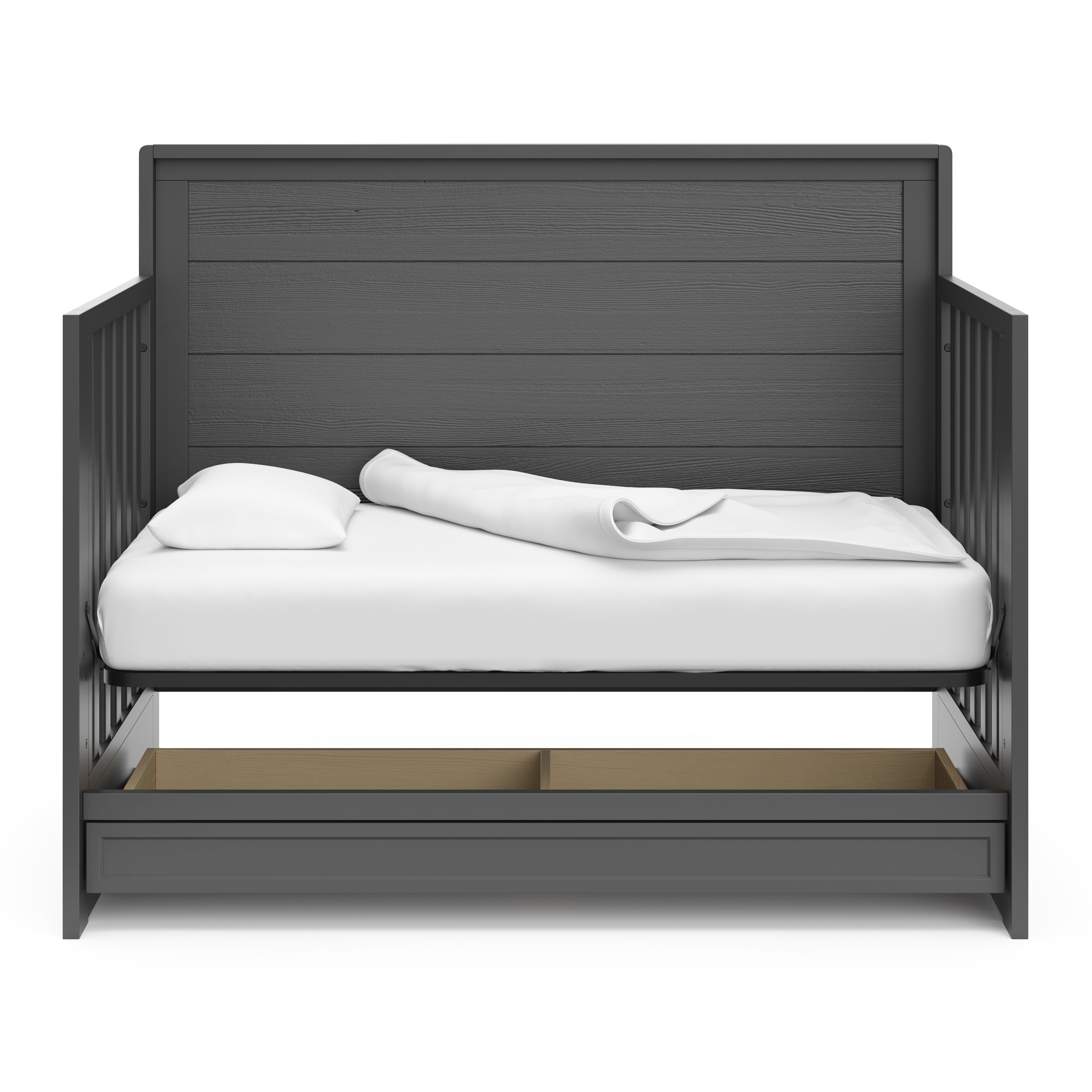 gray crib with drawer in daybed conversion