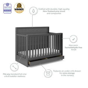 gray crib with drawer features graphic