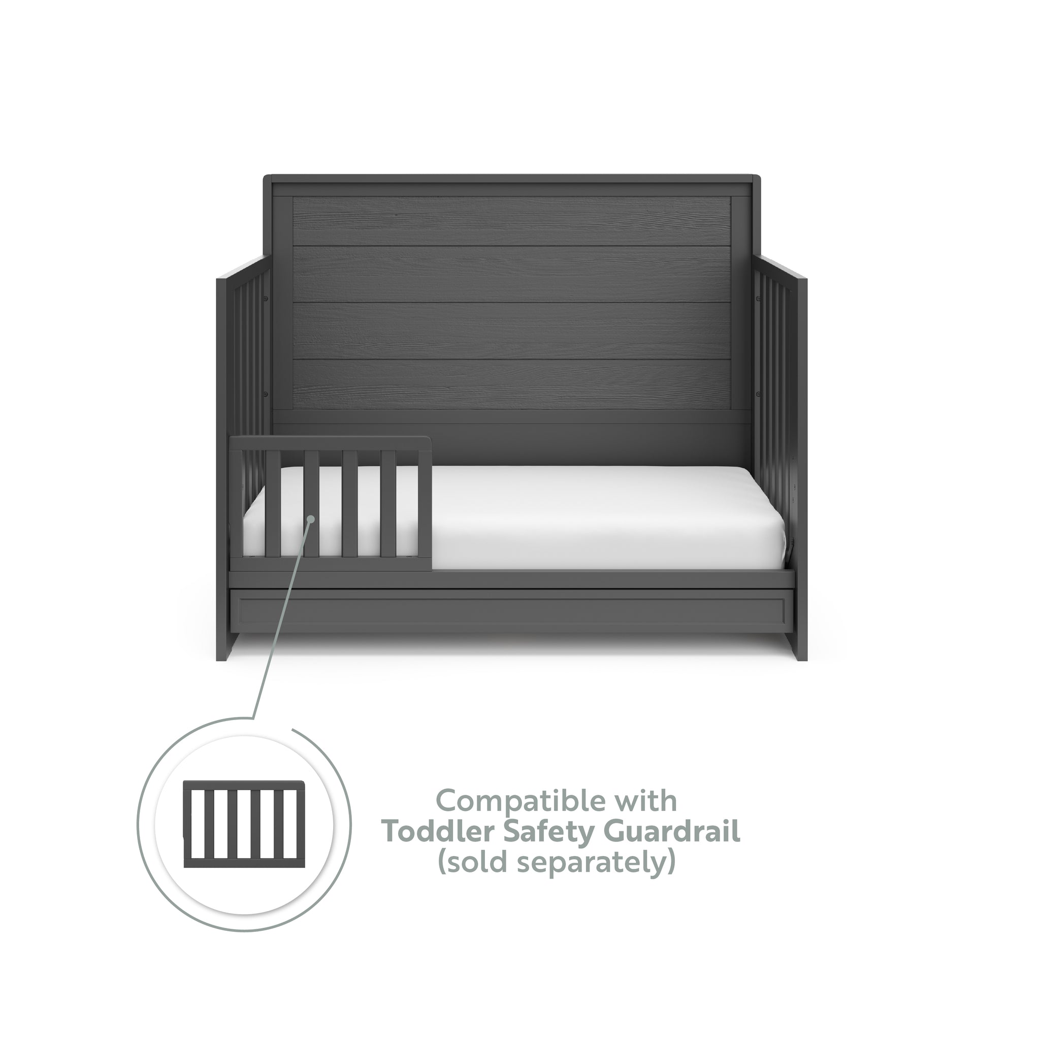 crib with drawer in toddler bed conversion with one safety guardrail graphic
