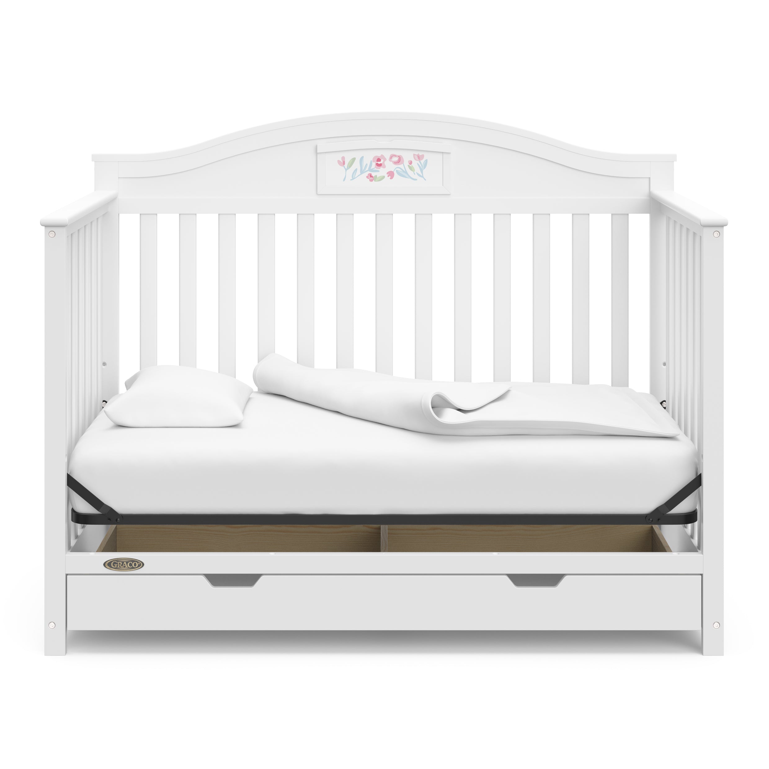 White crib with drawer in daybed conversion