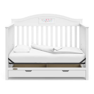 White crib with drawer in daybed conversion