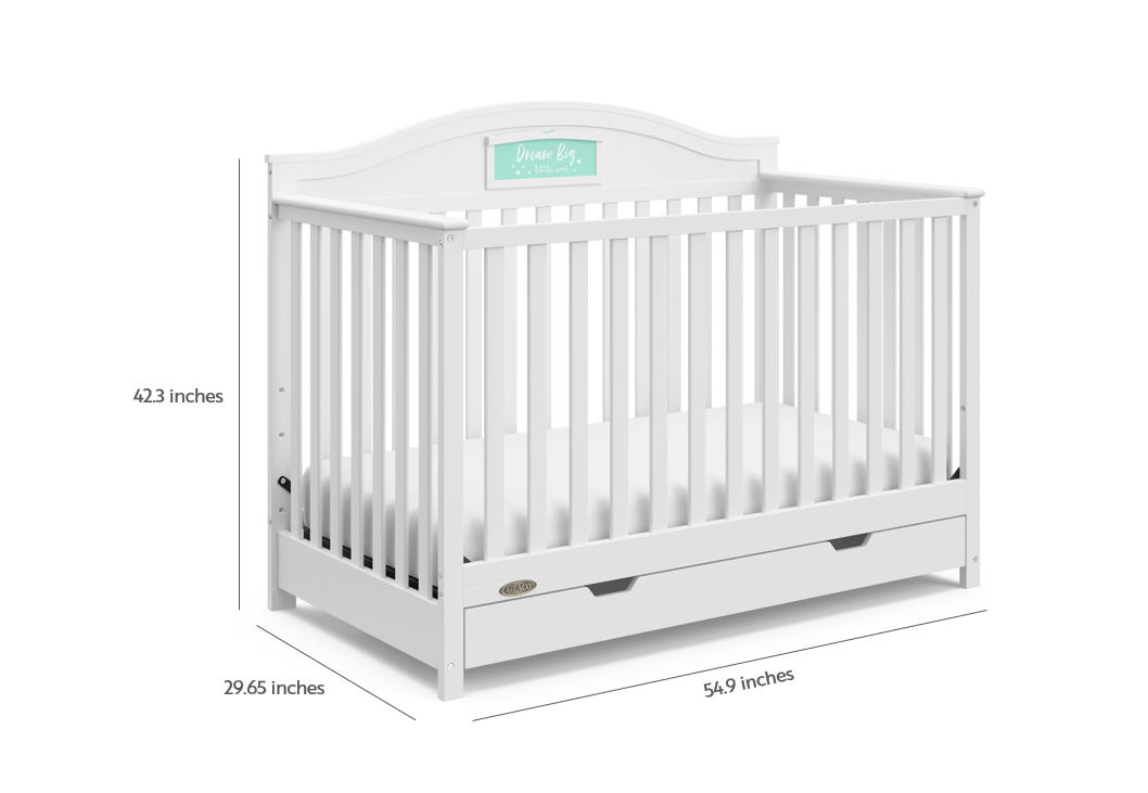 White crib with drawer dimensions graphic