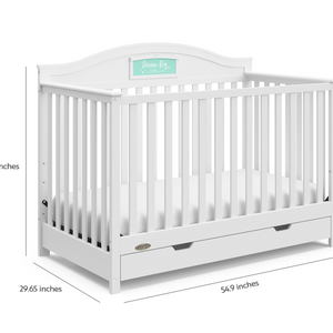 White crib with drawer dimensions graphic