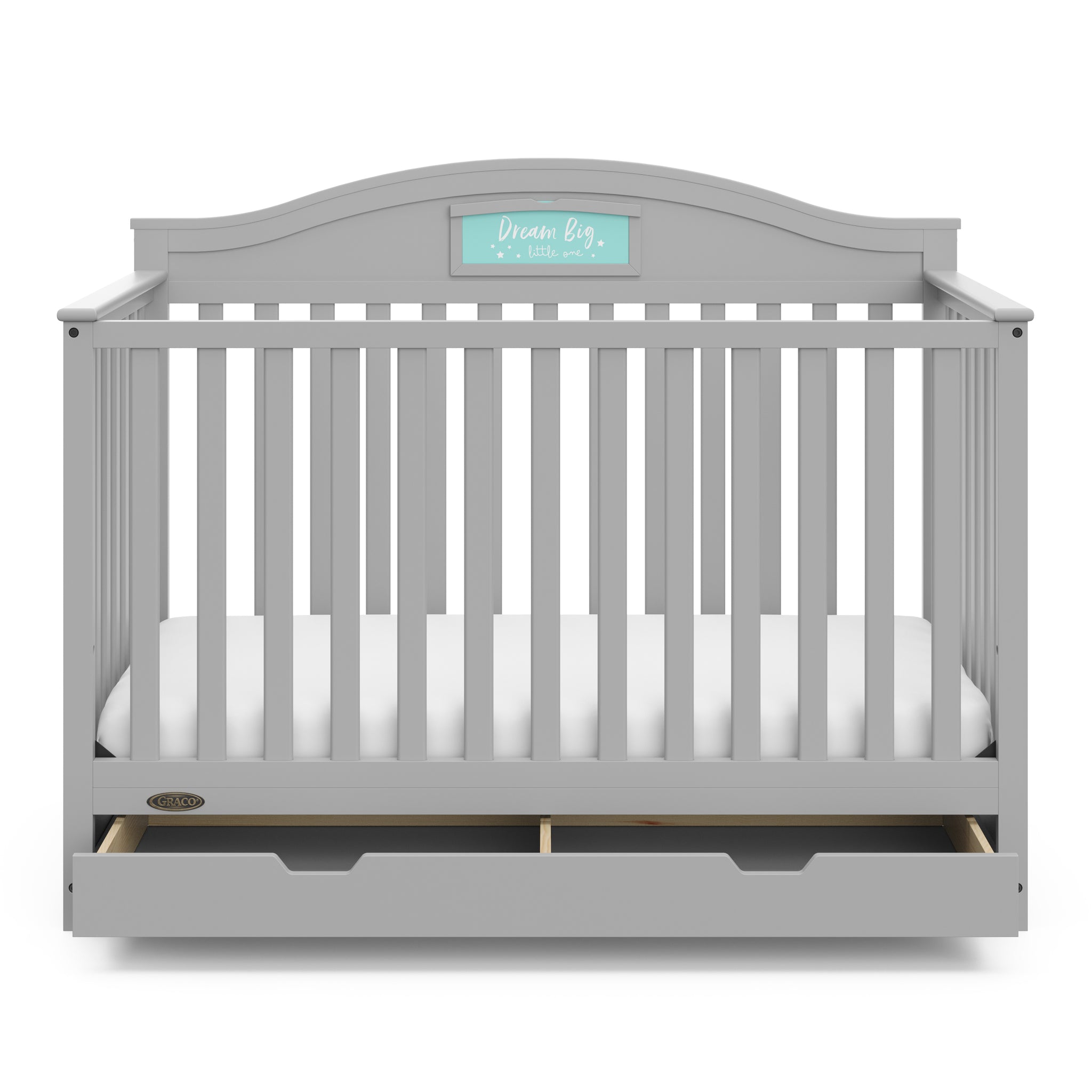 Front view of Pebble gray crib with open drawer