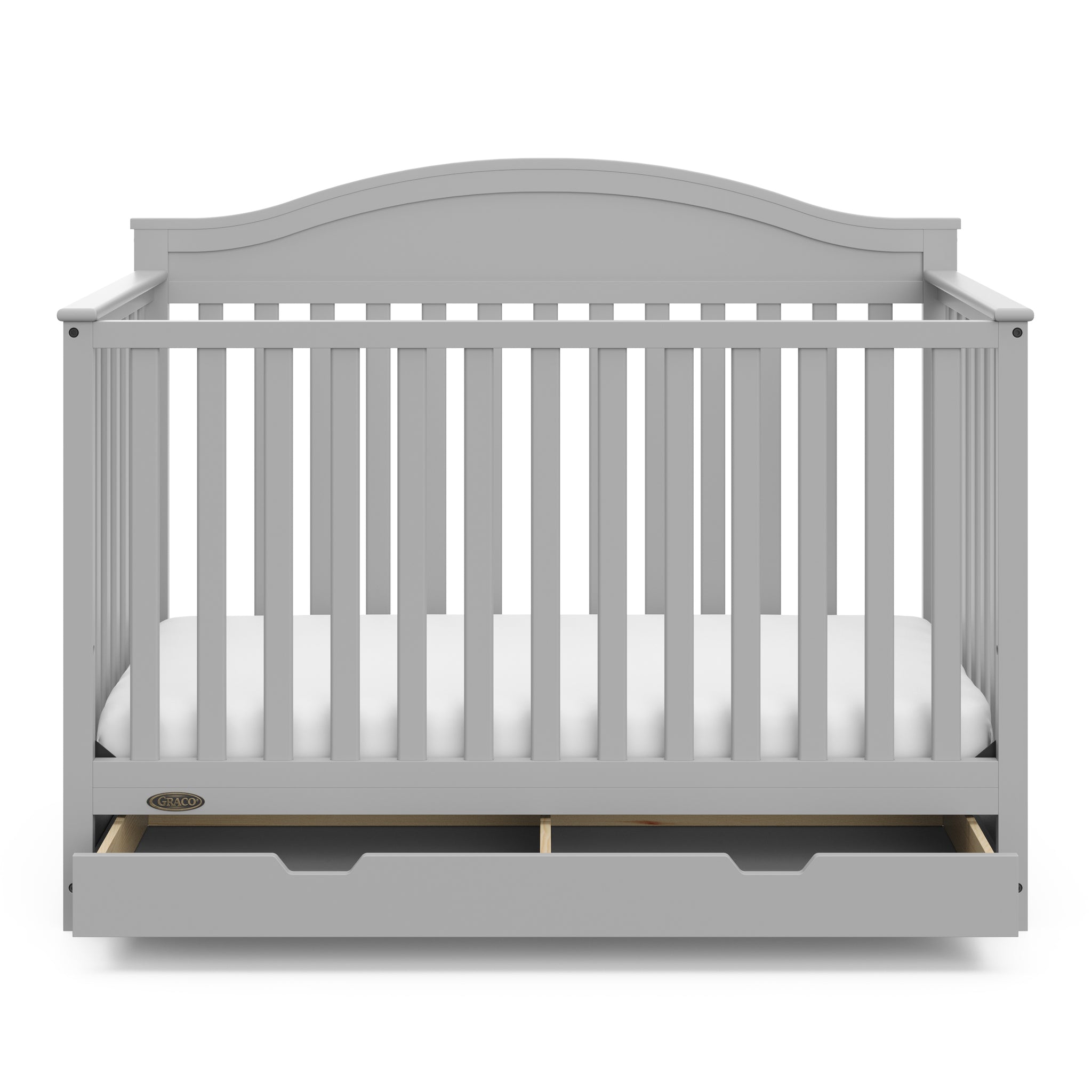 Front view of Pebble gray crib with open drawer