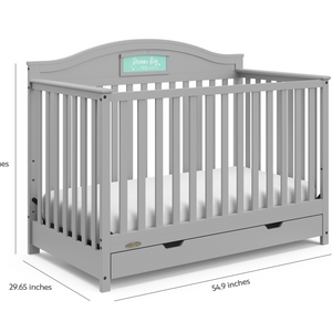 Pebble gray crib with drawer dimensions graphic