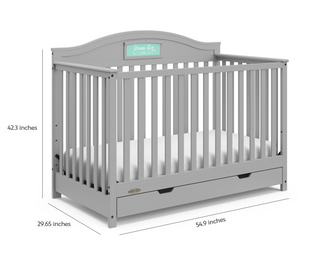 Pebble gray crib with drawer dimensions graphic