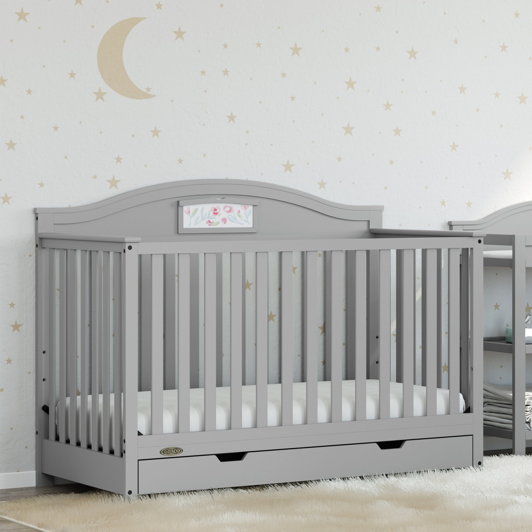 Pebble gray crib in nursery