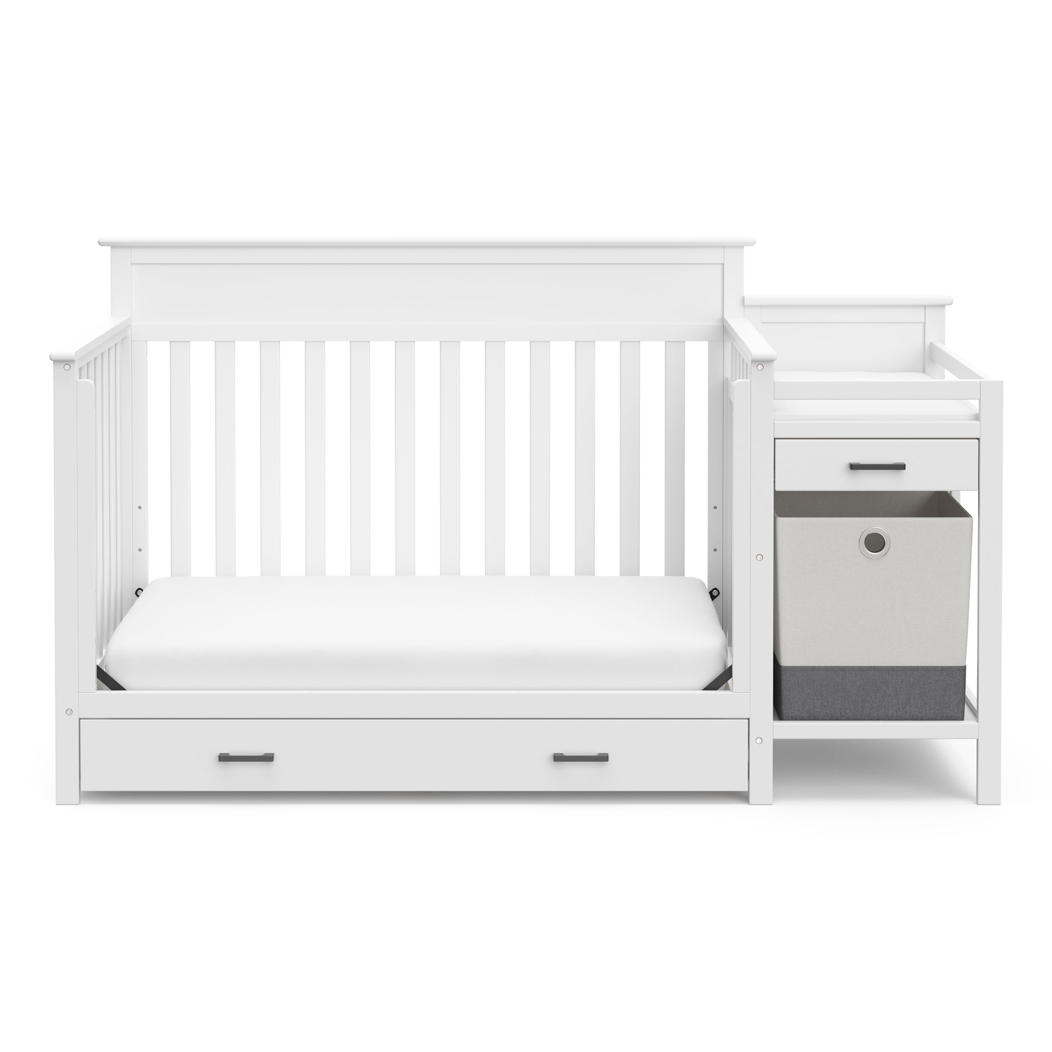 White crib and changer with drawer in toddler bed conversion 