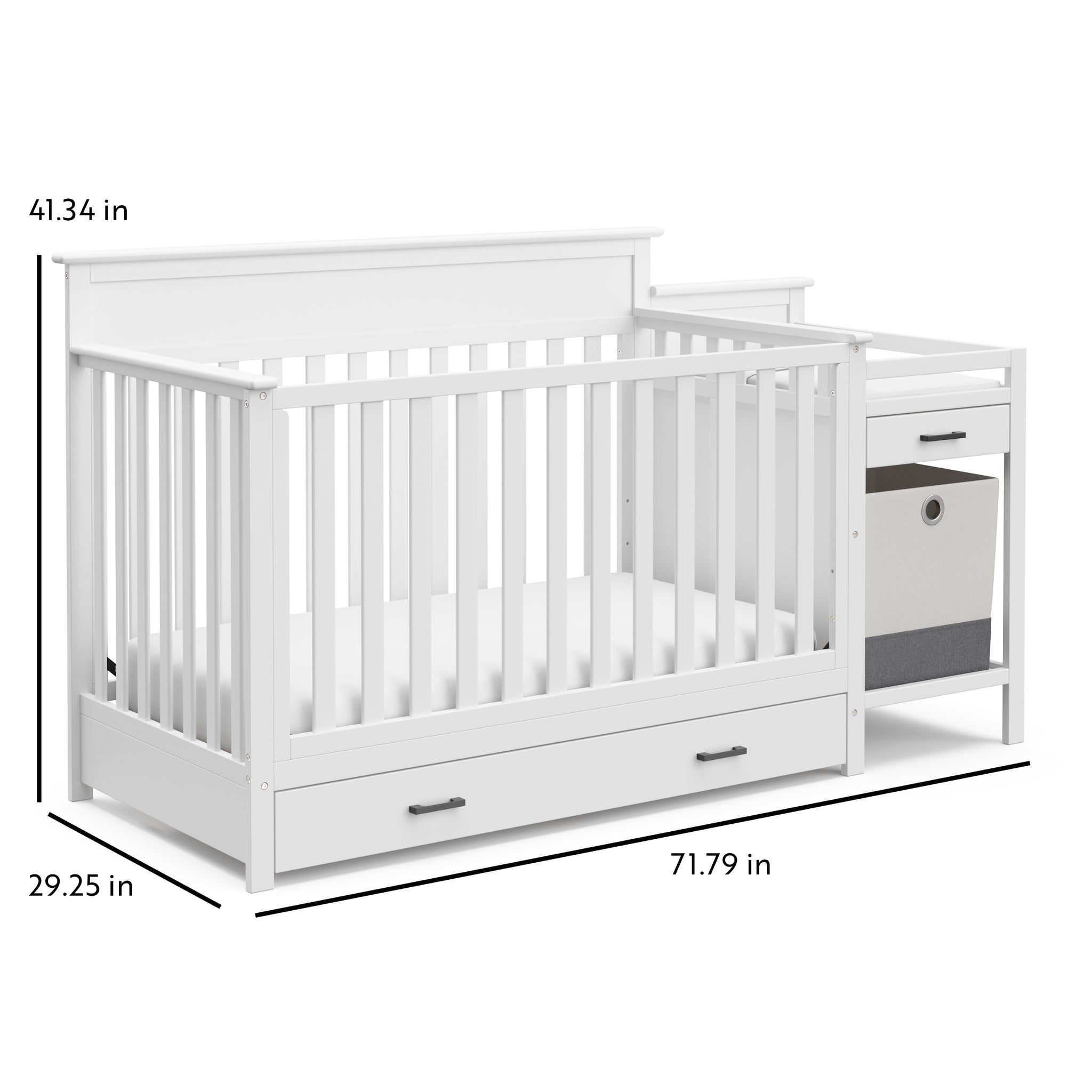 White crib with changer dimensions graphic