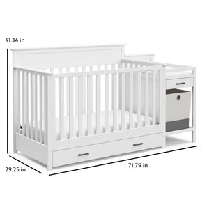 White crib with changer dimensions graphic