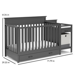 gray crib with changer dimensions graphic