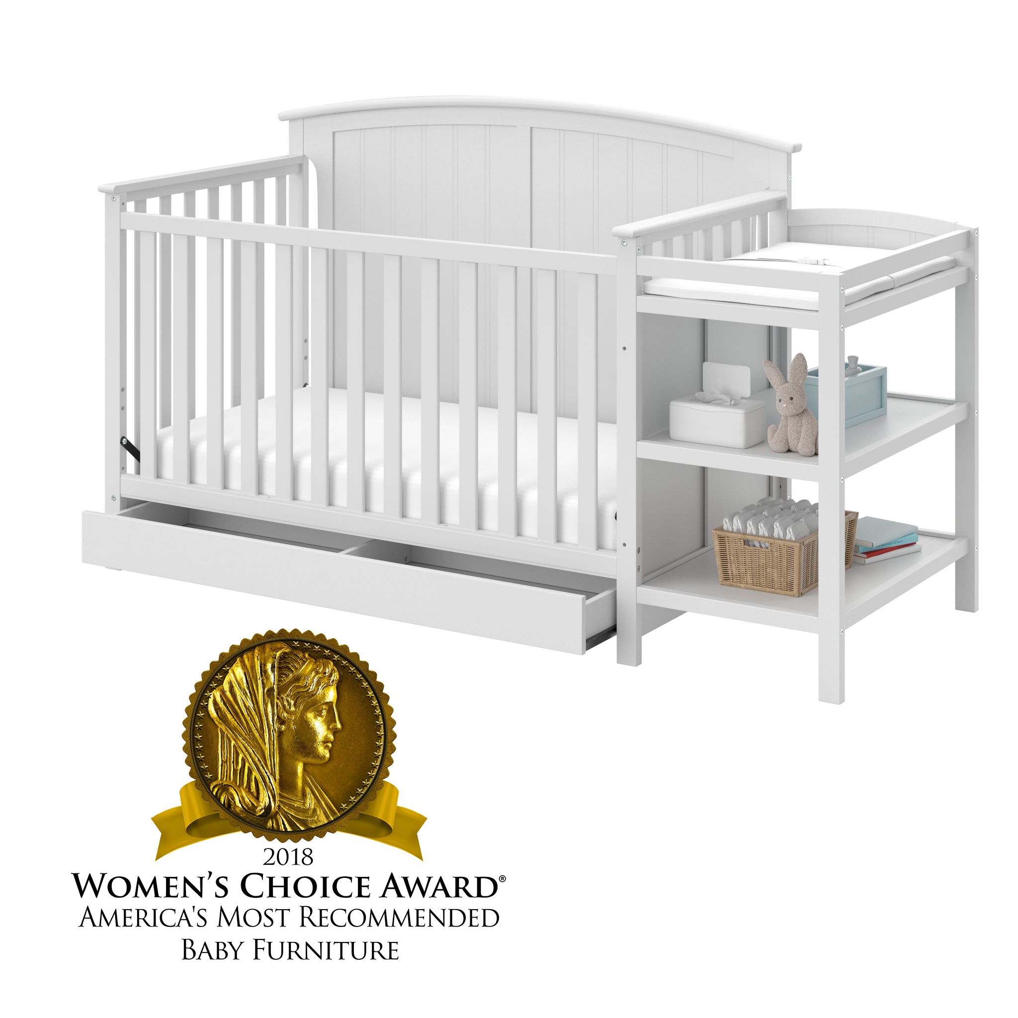 White crib and changer angled with open drawer with award graphic