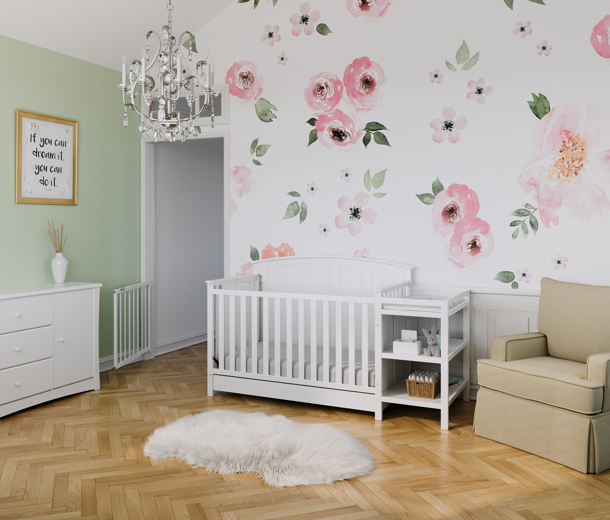 White crib and changer in nursery 