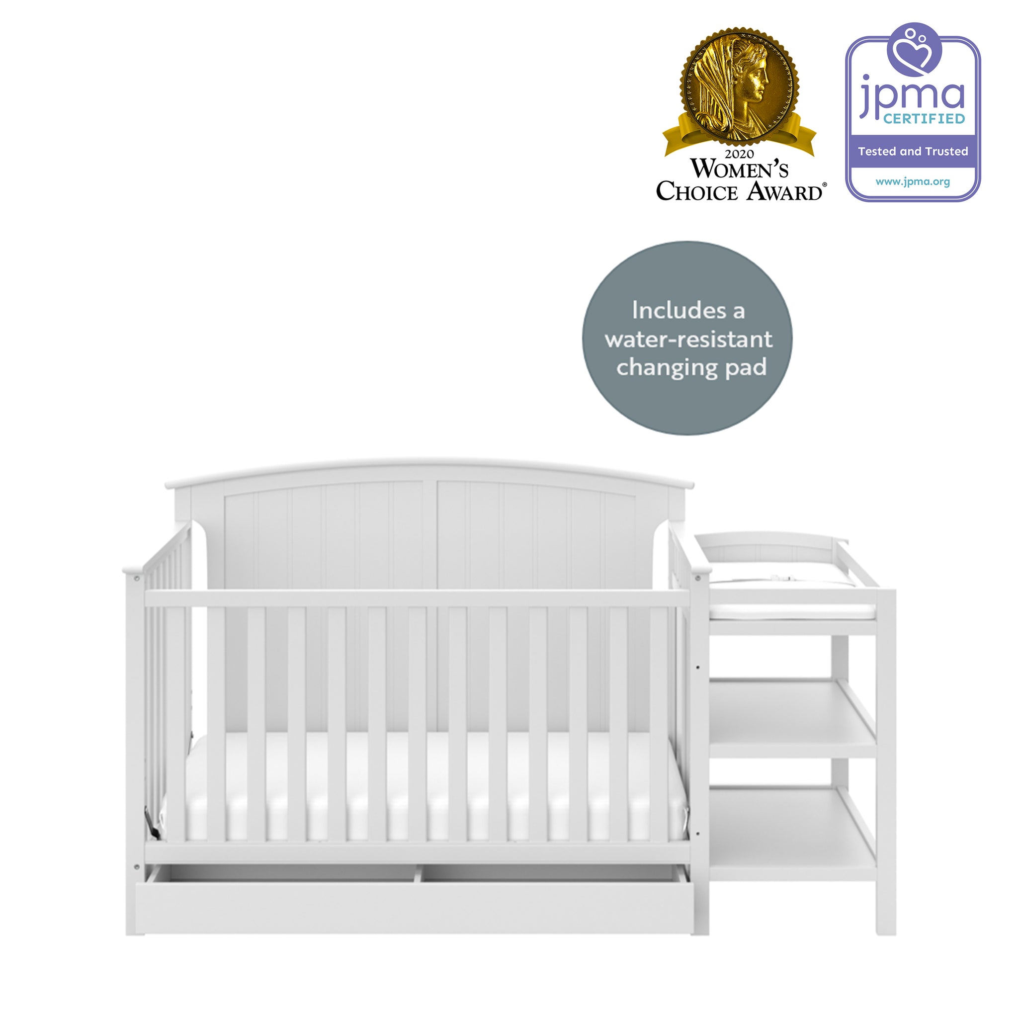 White crib and changer features graphic 