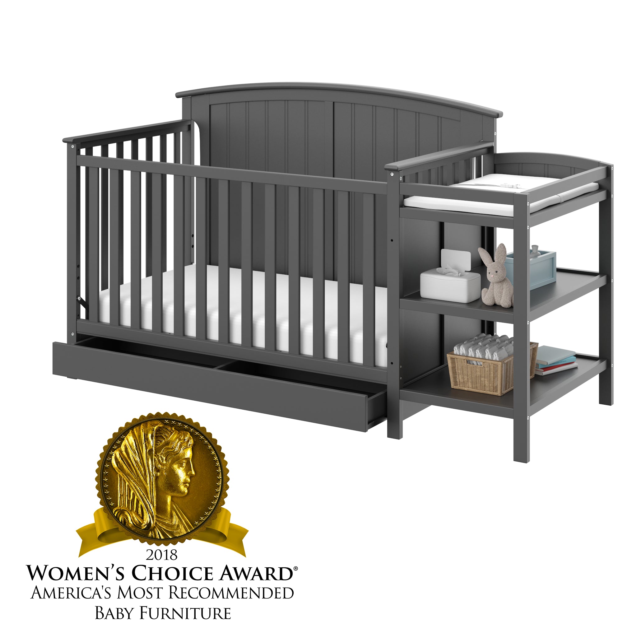 gray crib and changer angled with open drawer with award graphic 