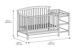 White crib with changer dimensions graphic 