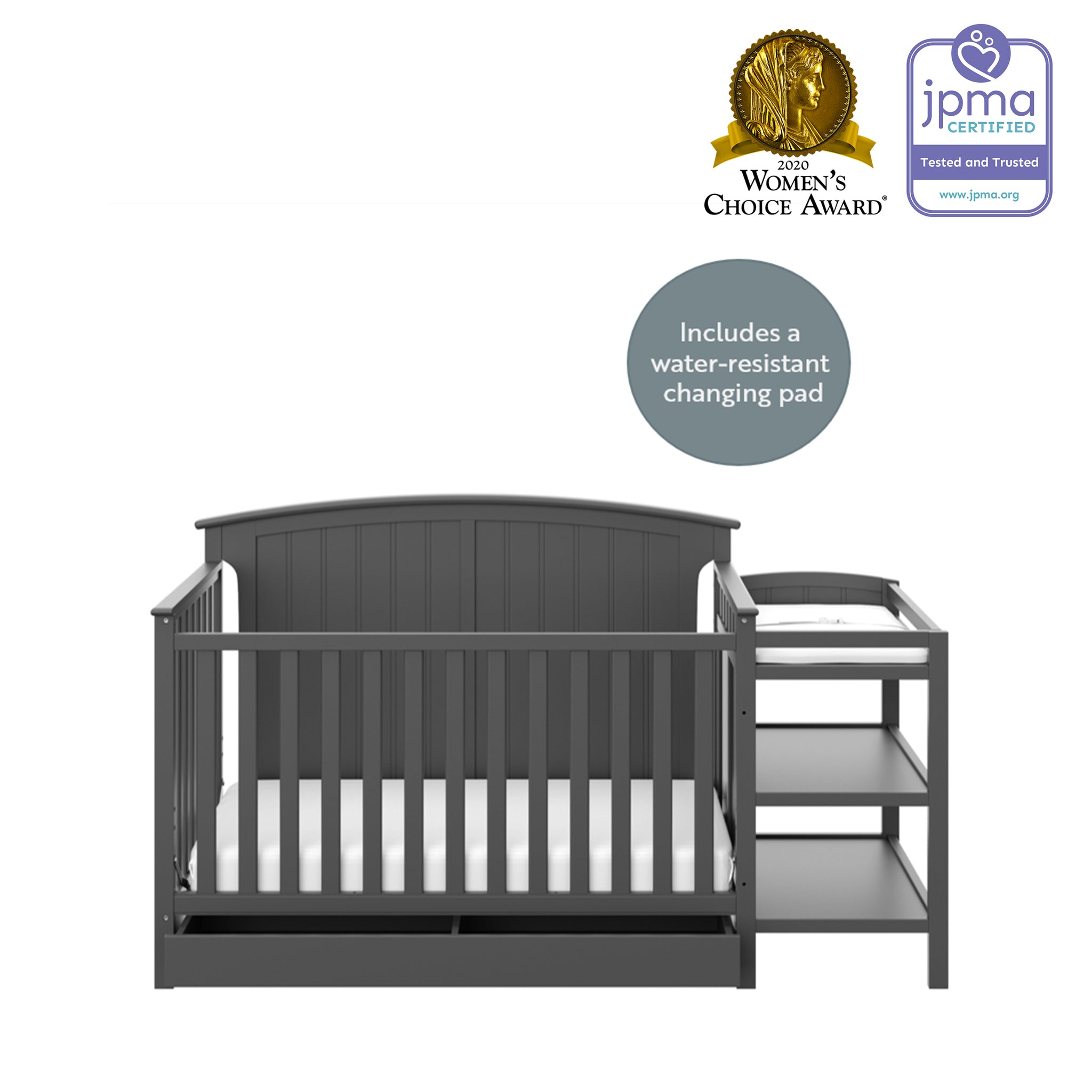 gray crib and changer features graphic 