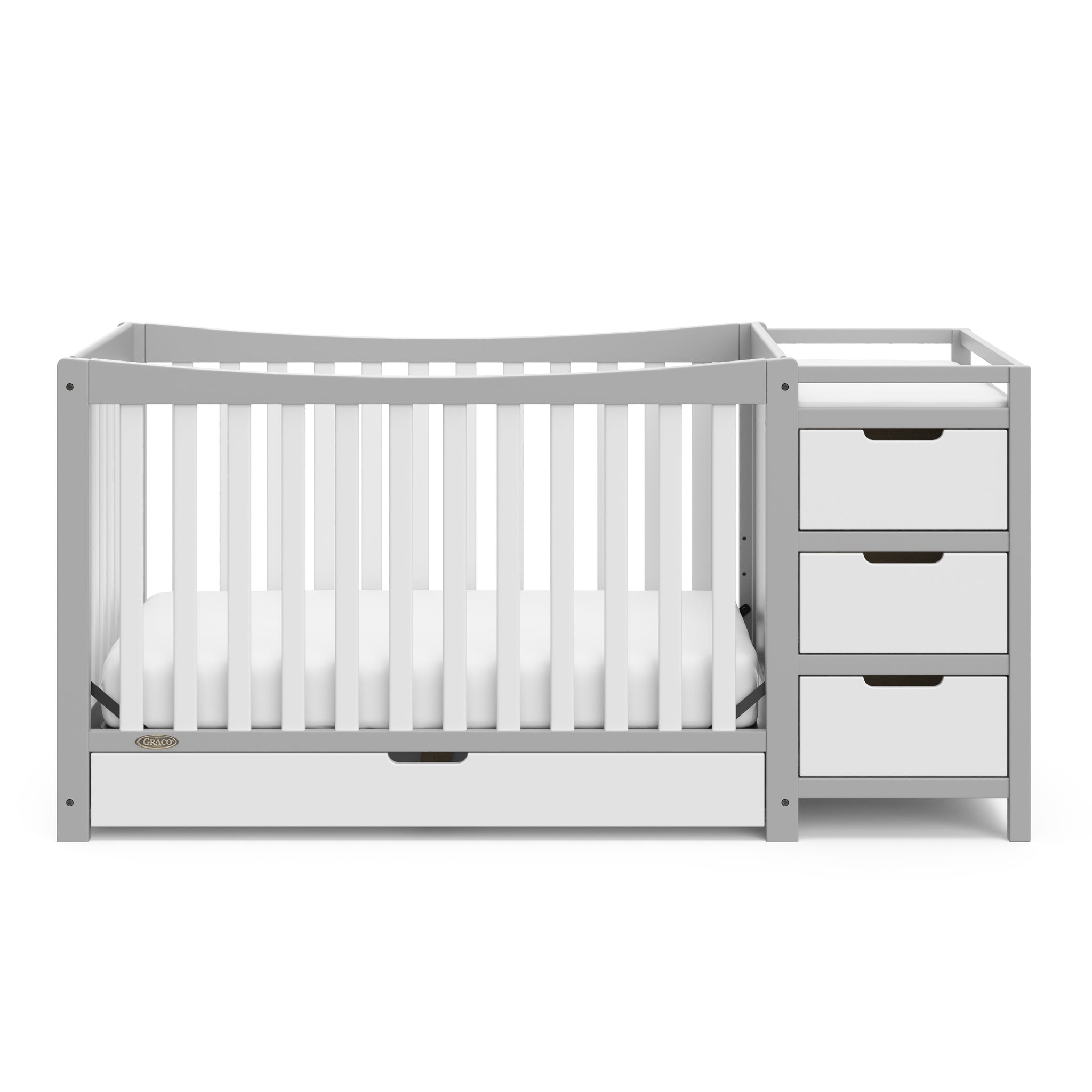 Front view of Pebble gray and white crib with drawer and changer 