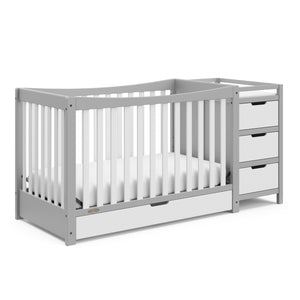 Pebble gray and white crib and changer with drawer angled