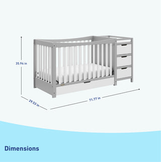 Pebble gray and white crib with changer dimensions graphic
