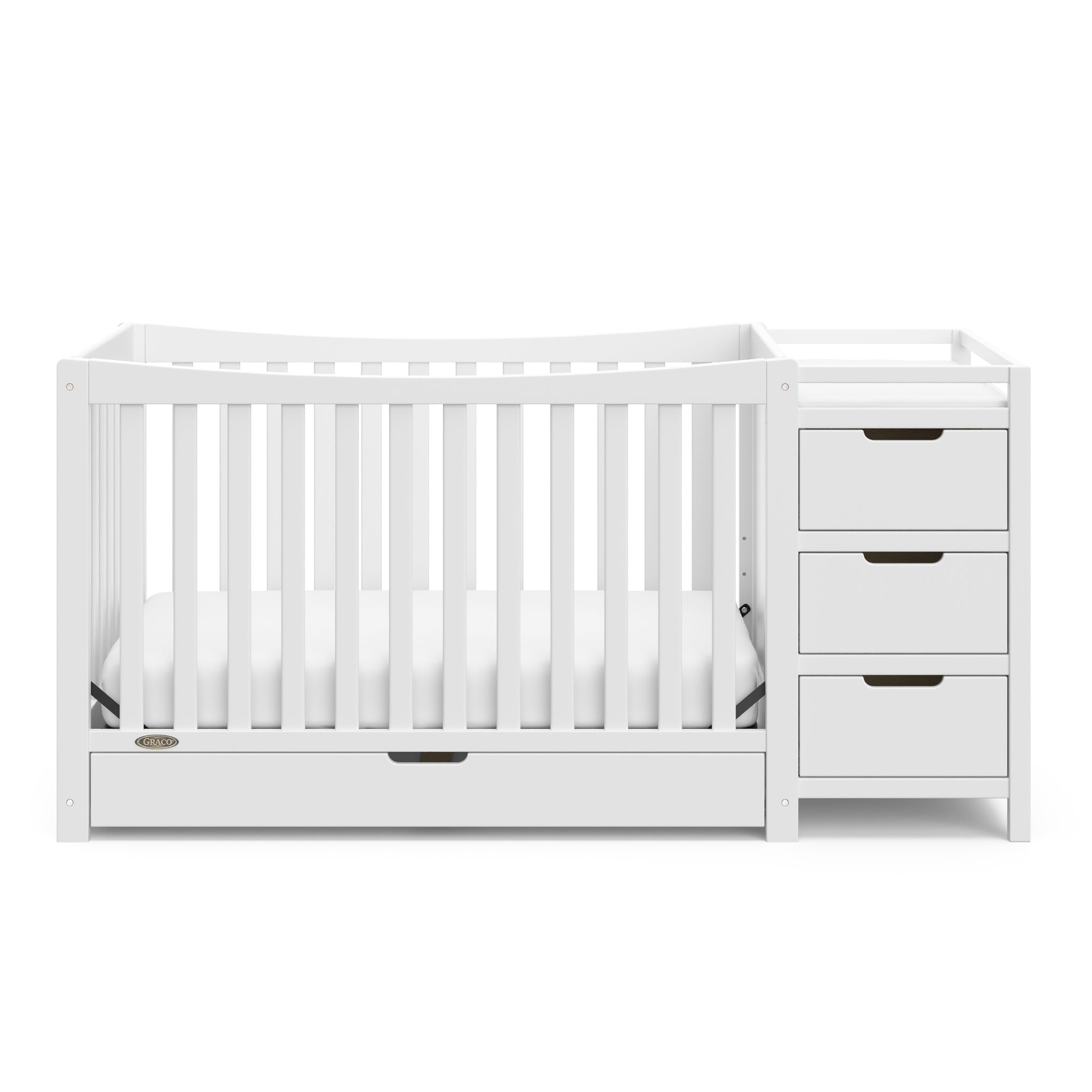 Front view of White crib with drawer and changer with drawer