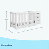 White crib with changer dimensions graphic