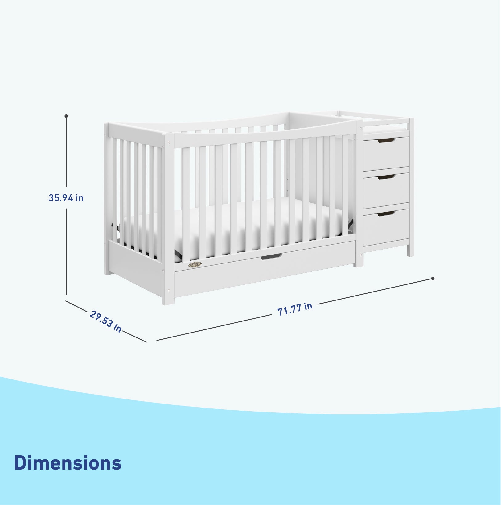 White crib with changer dimensions graphic