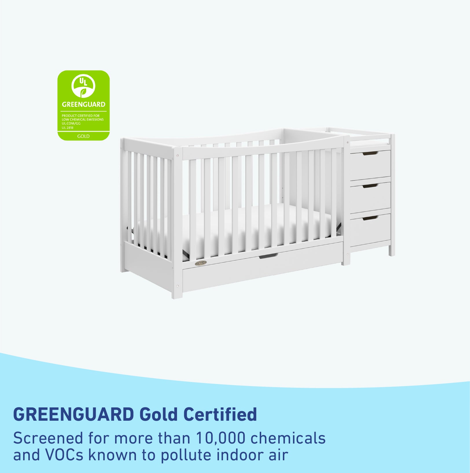GREENGUARD Gold Certified White crib and changer