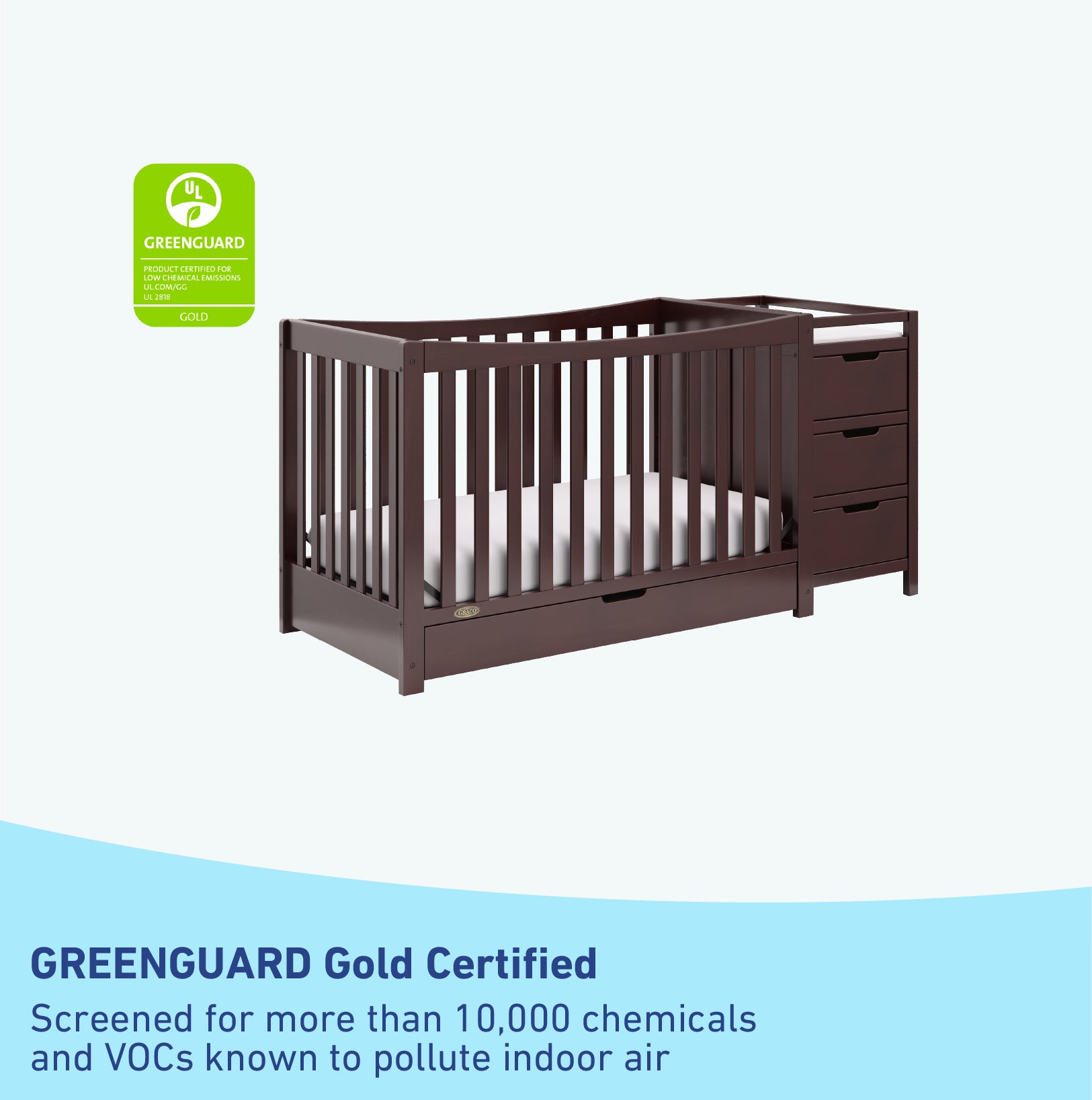 GREENGUARD Gold Certified espresso crib and changer
