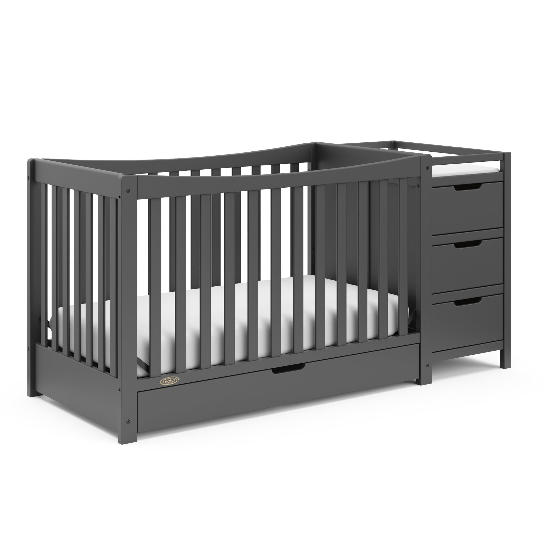 gray crib and changer with drawer angled