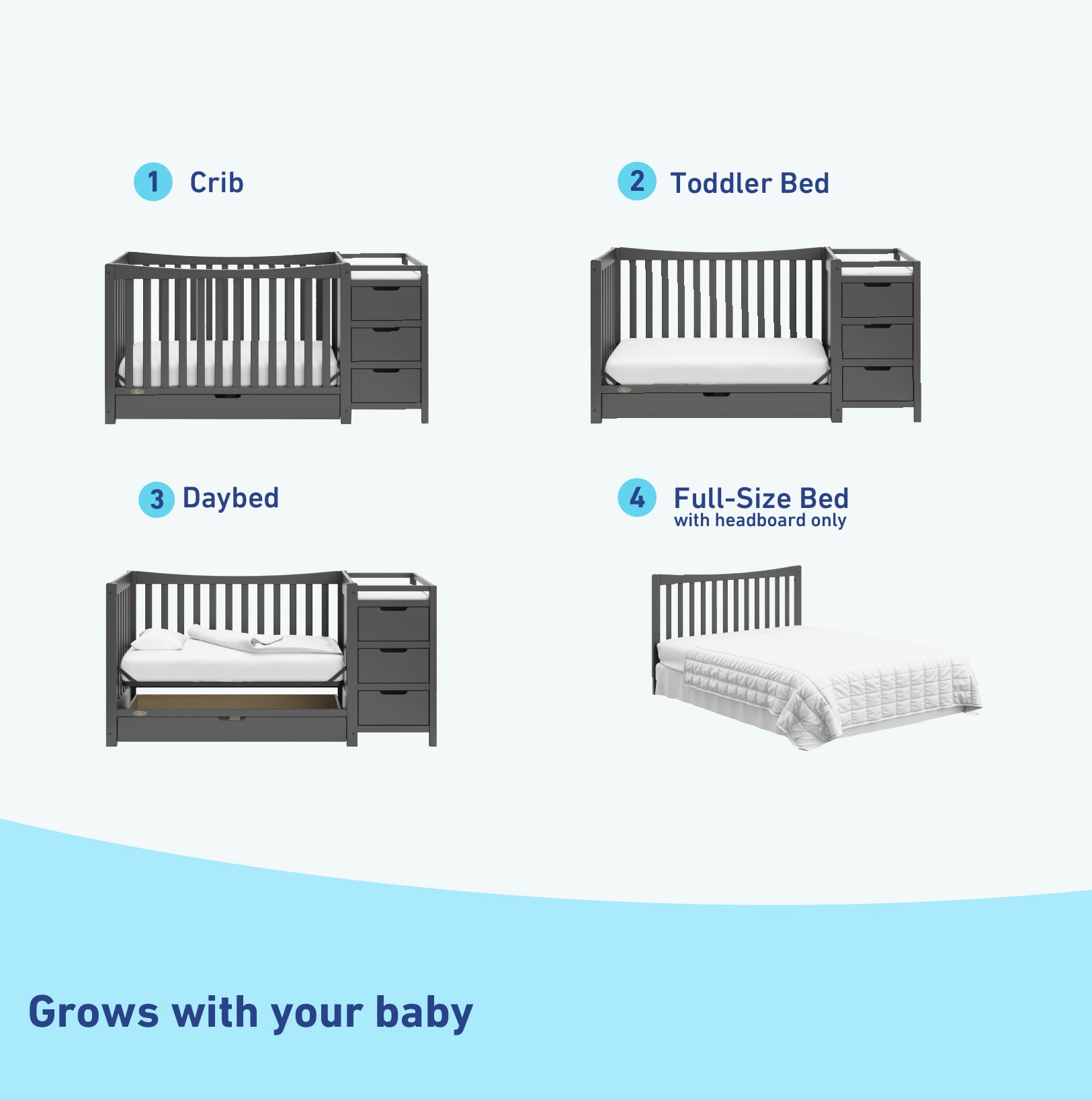 gray crib with changer conversions graphic