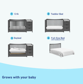 gray crib with changer conversions graphic
