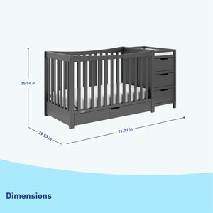 gray crib with changer dimensions graphic