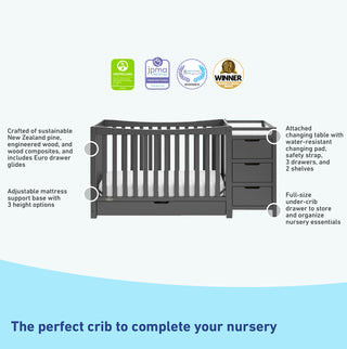 gray crib and changer features graphic