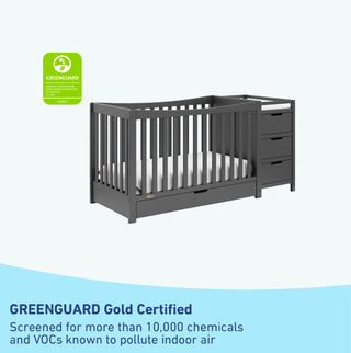 GREENGUARD Gold Certified gray crib and changer